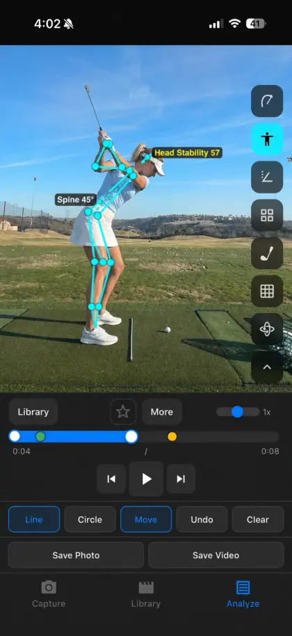 SwingDraw body tracking skeleton with head stability and spine angle labels