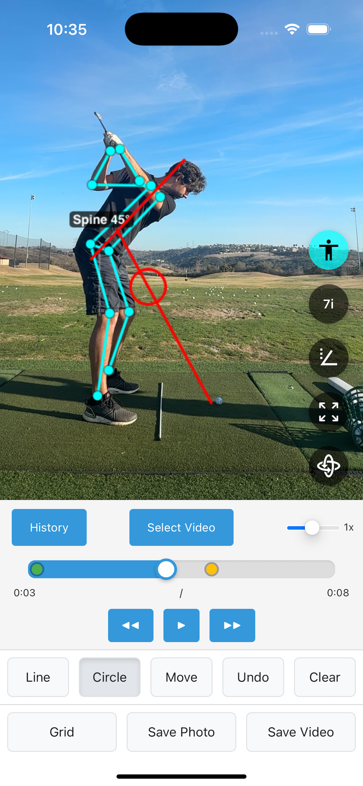 SwingDraw showing AI body tracking on a golf swing video